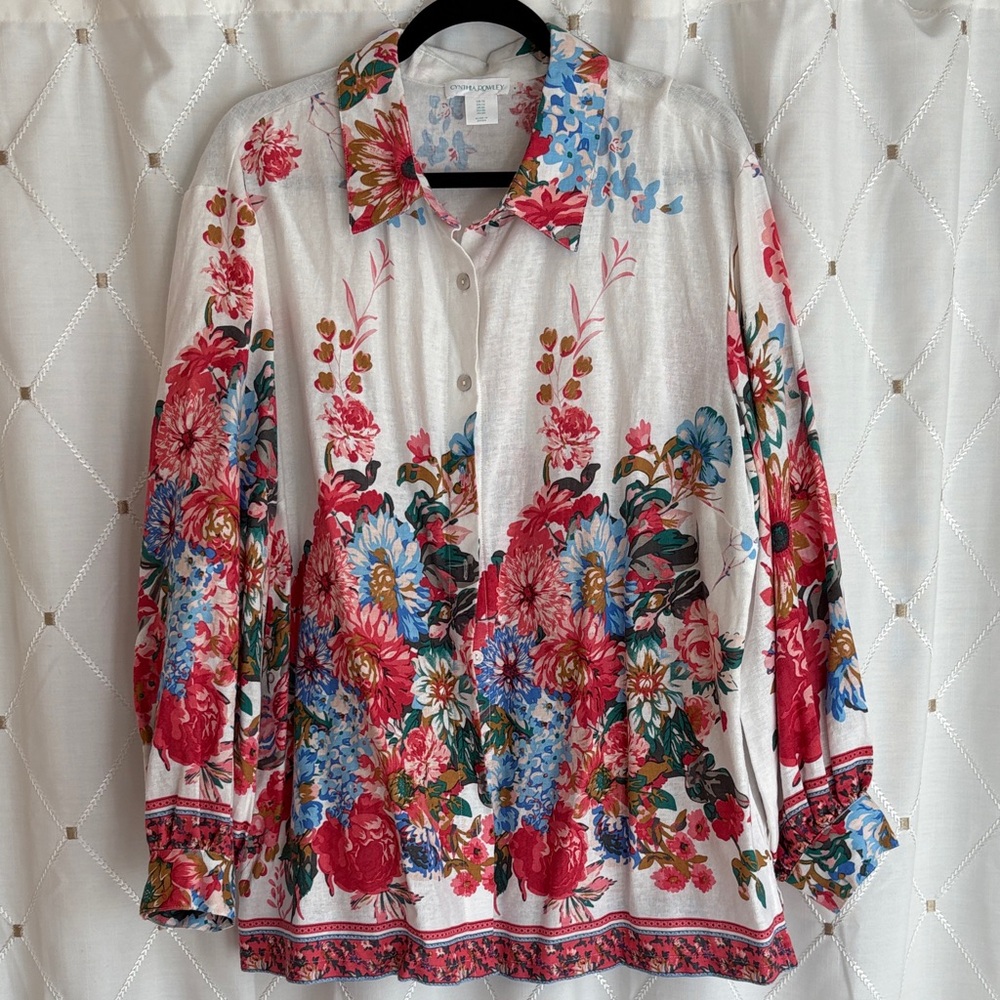 Lightweight linen blend Ivory Floral Button-Up Blouse - Bright Multi